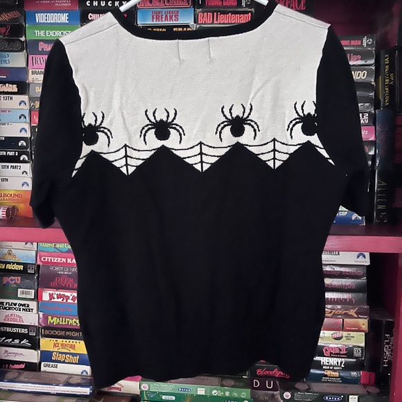Hell Bunny Goth Spooky PinUp Halloween Sweater with Spiders and Spider Webs - Picture 2 of 3